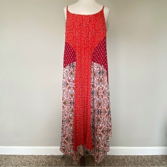 Sundance Veeda Patchwork Mixed Print Handkerchief Hem Boho Midi Dress, Small - Picture 2 of 16